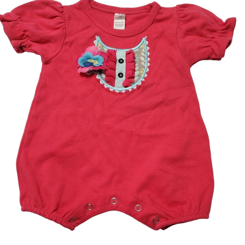 Monag Romper Girls 6-12M Pink Ruffle Floral Crew Neck Snap 100% Cotton Puff Arm